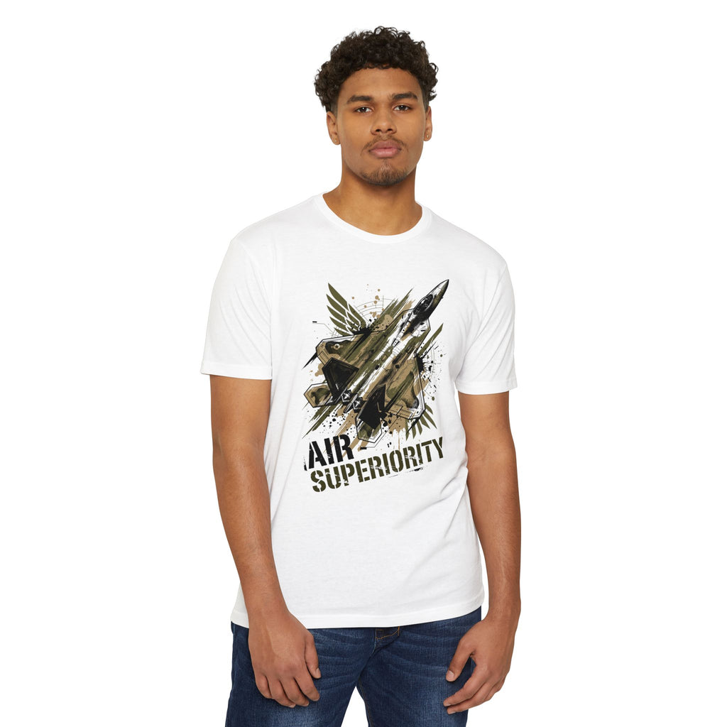 White crewneck T-shirt with gold airplane graphic on front