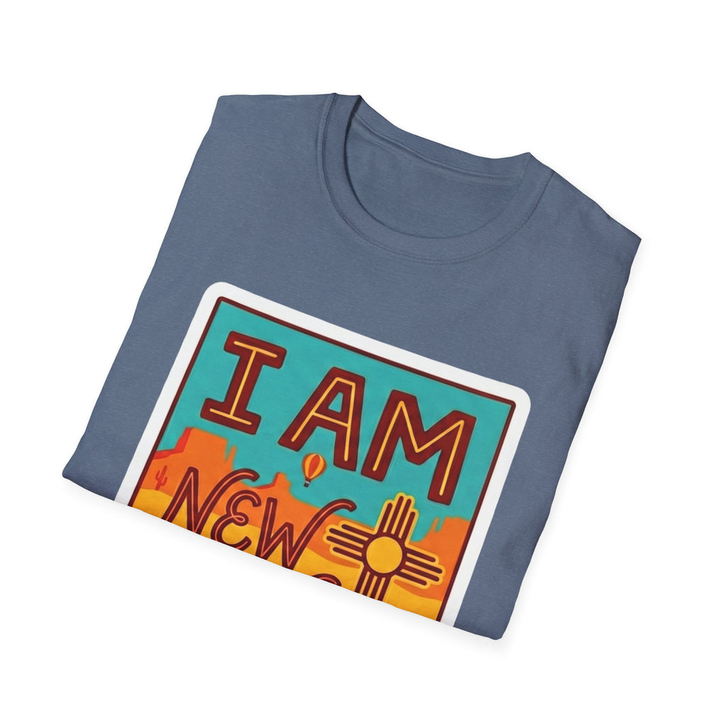 Slate blue T-shirt with I Am New Mexico front graphic inside a colored border