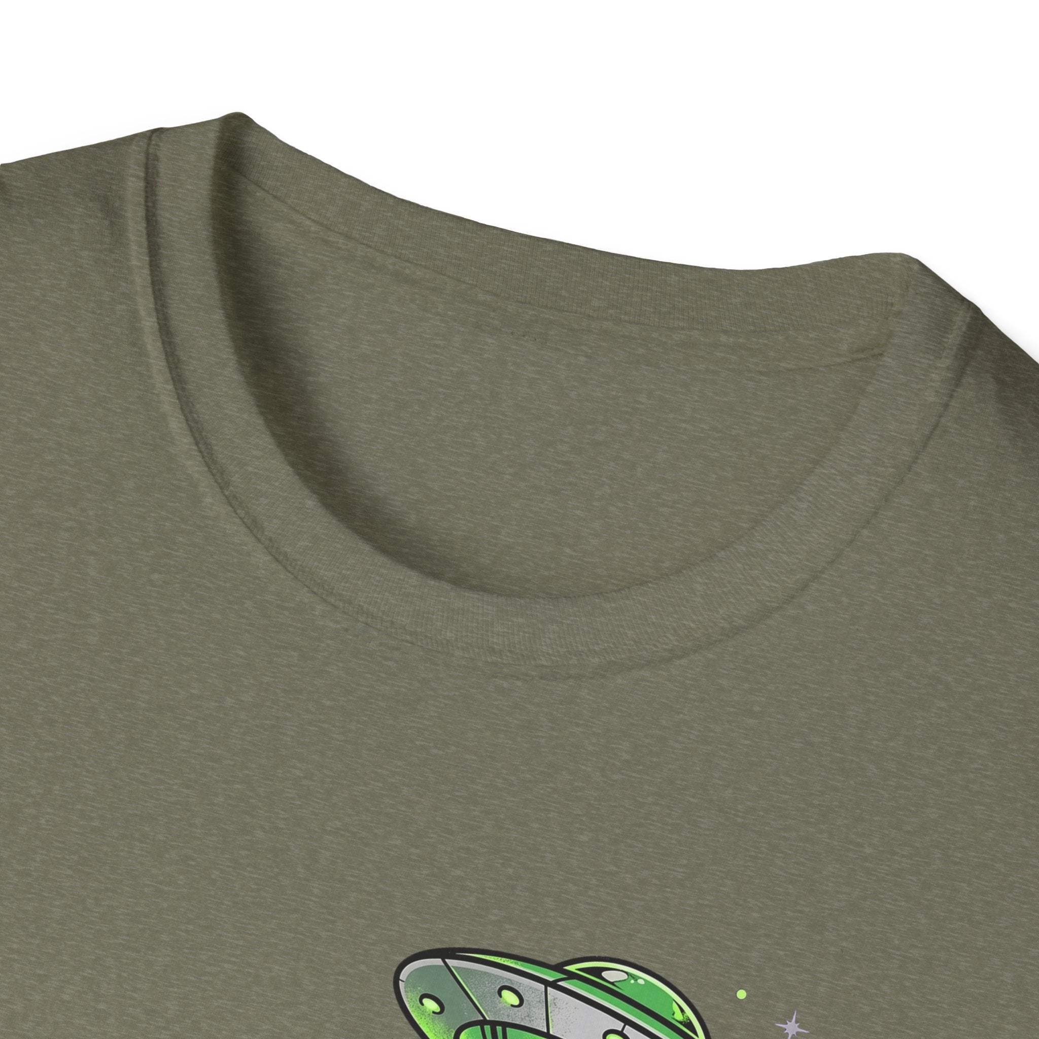 Olive green T-shirt neckline and partial green UFO tractor beam graphic