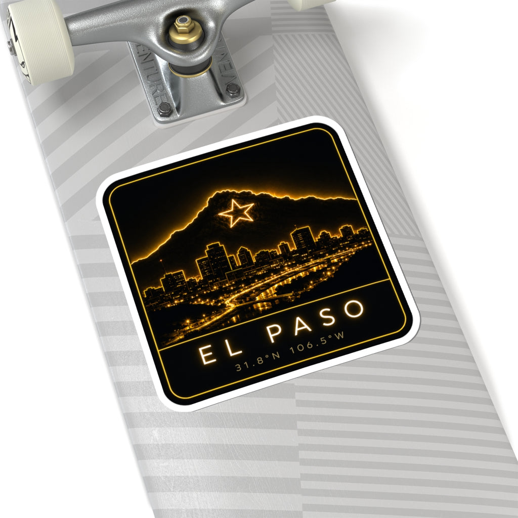 Square kiss-cut sticker with neon El Paso skyline, mountain star graphic, and coordinates