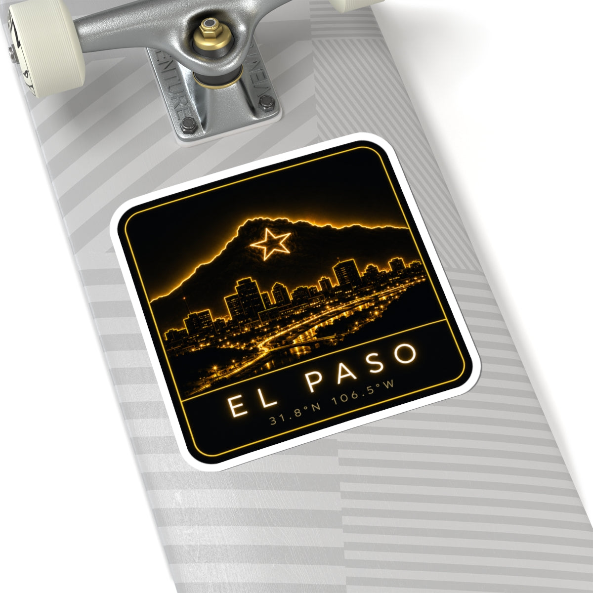 Square kiss-cut sticker with neon El Paso skyline, mountain star graphic, and coordinates