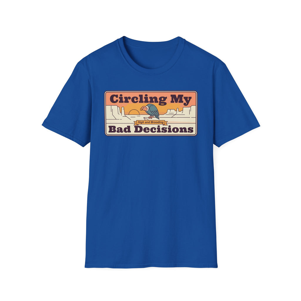 Blue T-shirt with retro circular graphic and text "Bad Decisions" on front