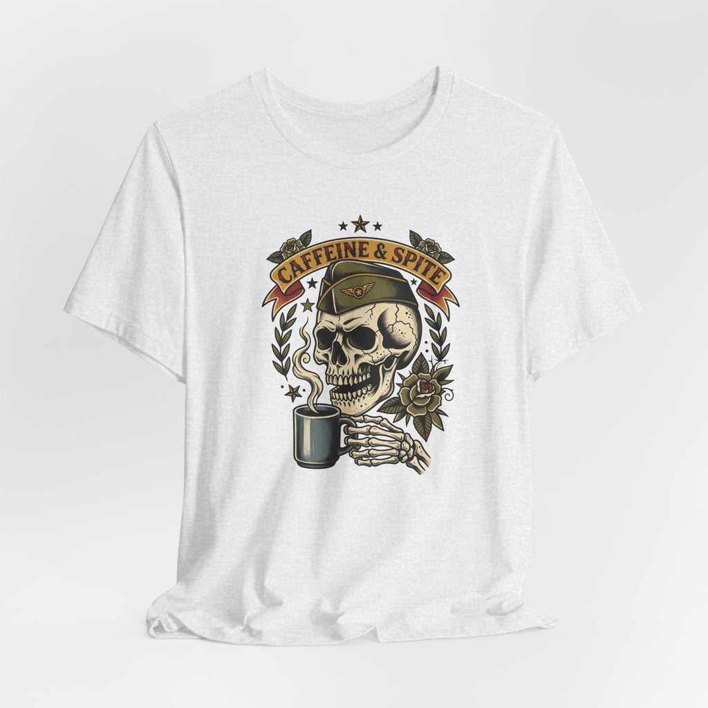 White crew-neck T-shirt with skull holding coffee mug and floral accents.
