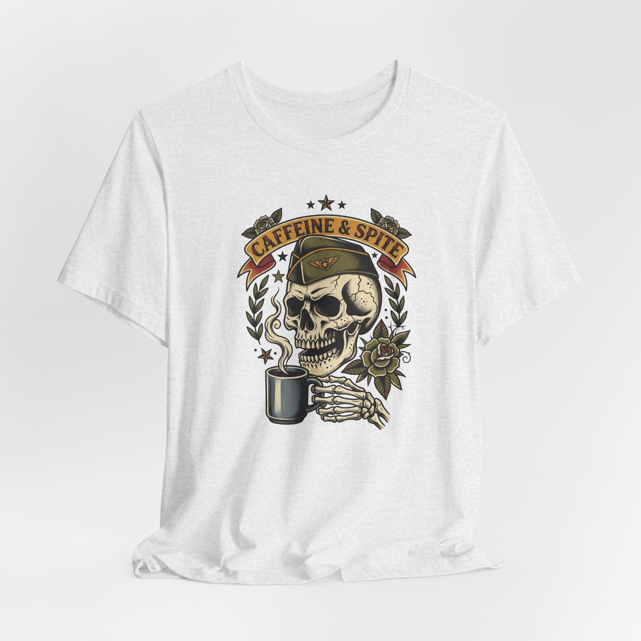 White crew-neck T-shirt with skull holding coffee mug and floral accents.