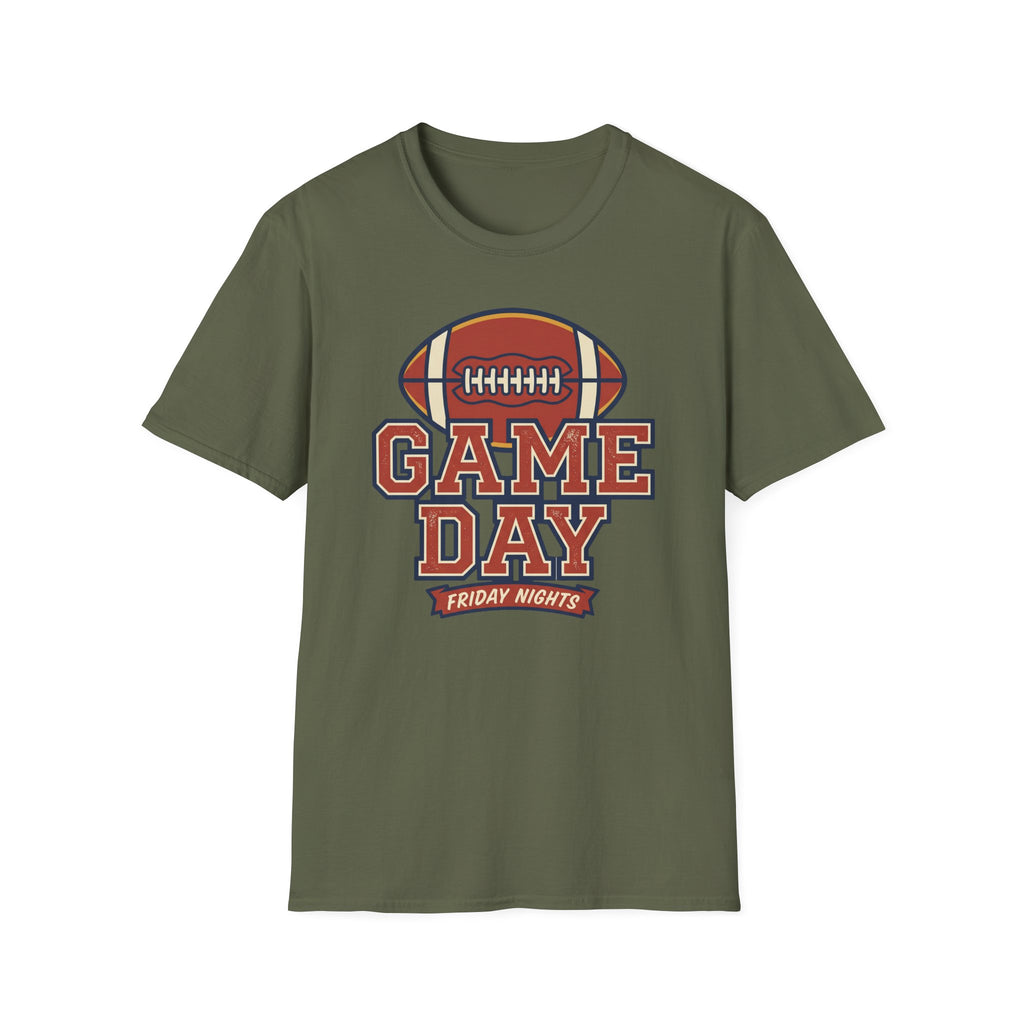 Olive green game day football T-shirt with vintage-style front graphic