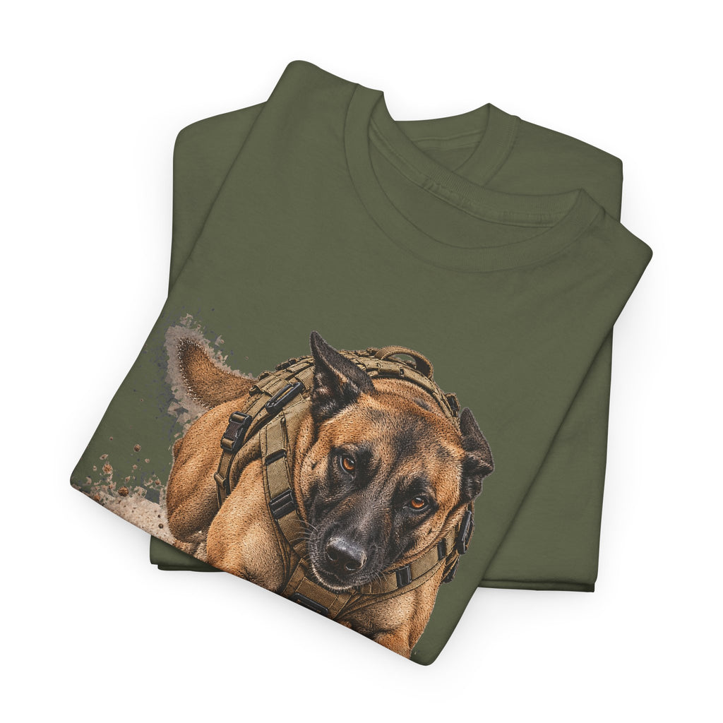 Olive green tactical working dog graphic T-shirt with Belgian Malinois face and headset