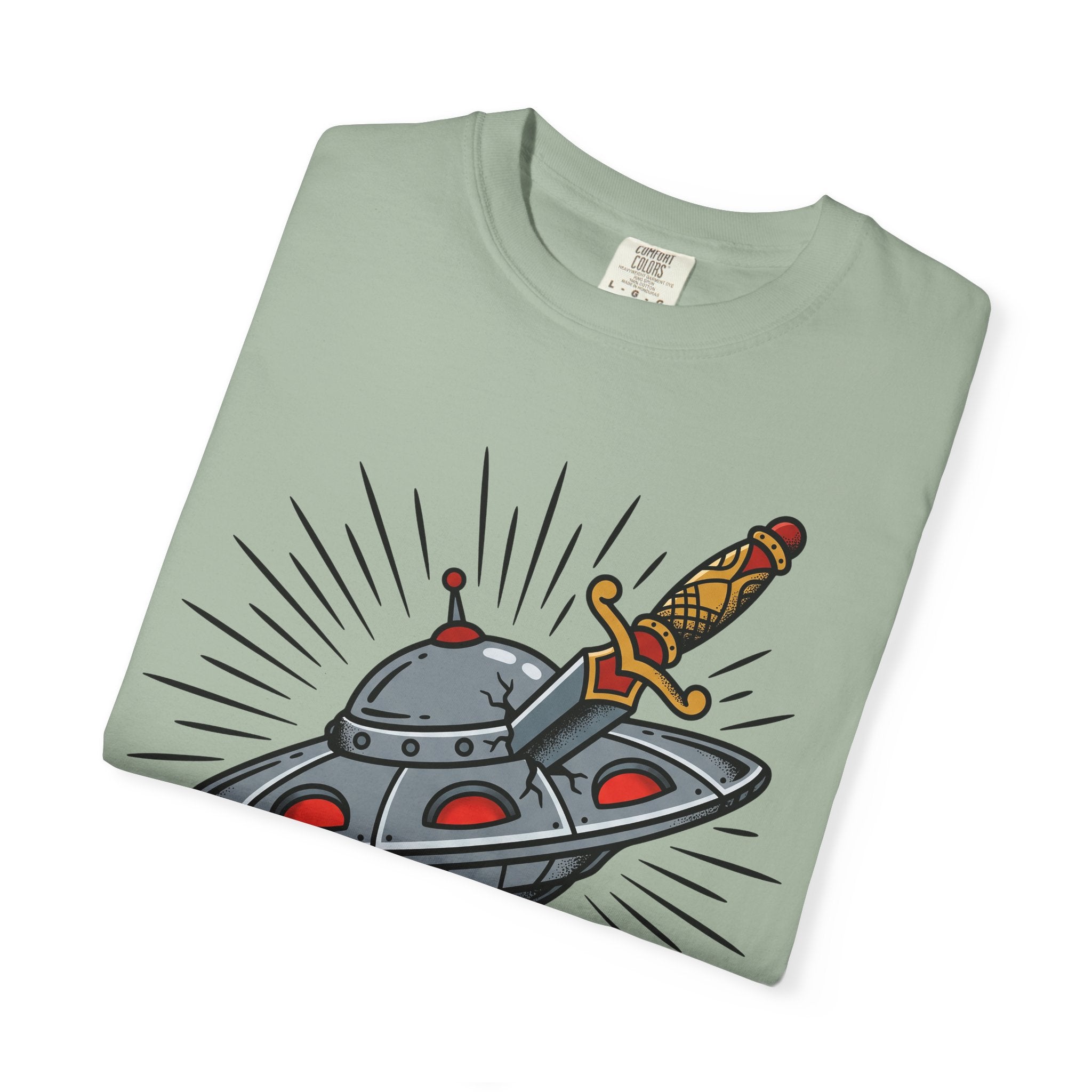 Sage green short-sleeve T-shirt with UFO and dagger street-art graphic