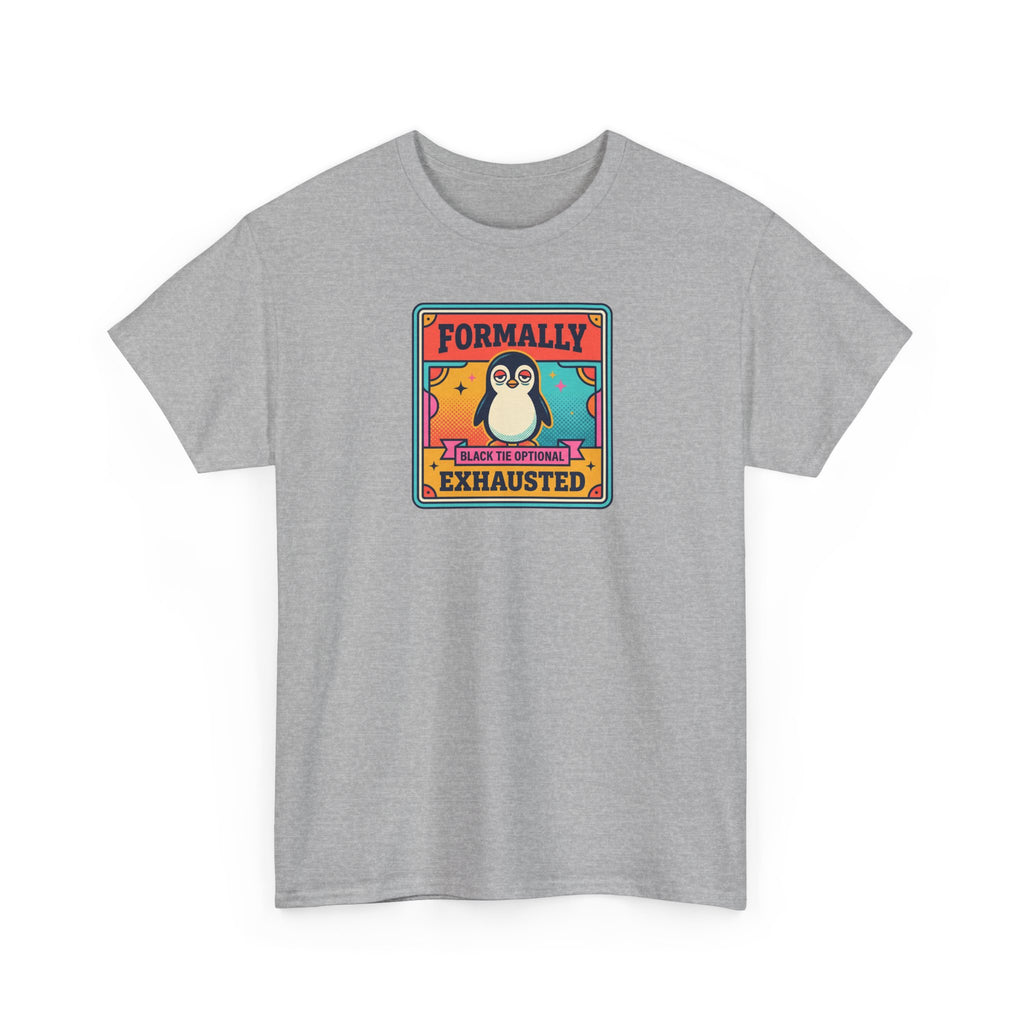 Light gray crewneck T-shirt with penguin graphic and badge text on chest.