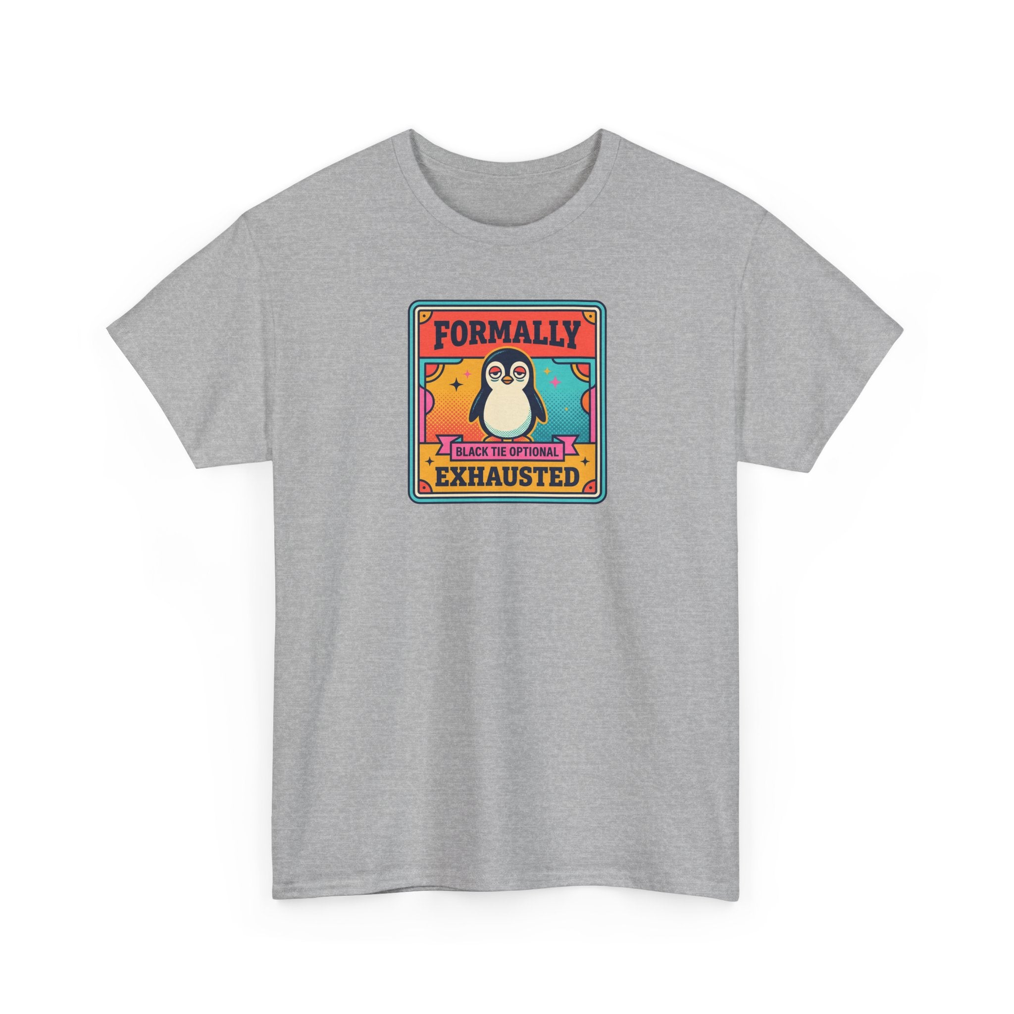 Light gray crewneck T-shirt with penguin graphic and badge text on chest.
