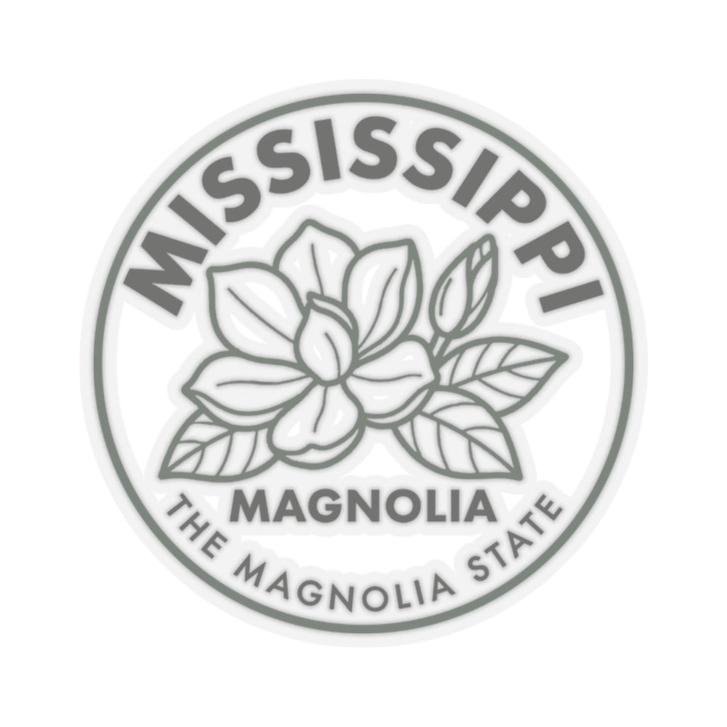 Transparent vinyl sticker with round Mississippi magnolia state seal and floral line art