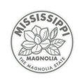 Transparent vinyl sticker with round Mississippi magnolia state seal and floral line art