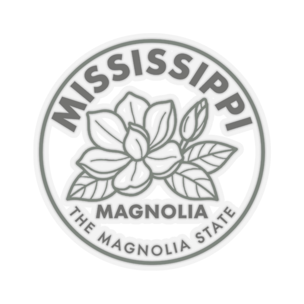 Transparent vinyl sticker with round Mississippi magnolia state seal and floral line art