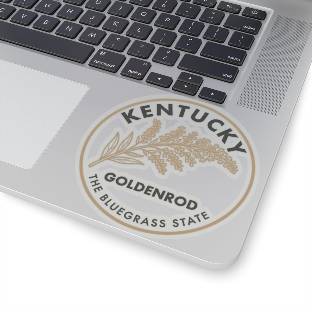 Goldenrod state flower sticker on laptop lid with Kentucky Bluegrass State text