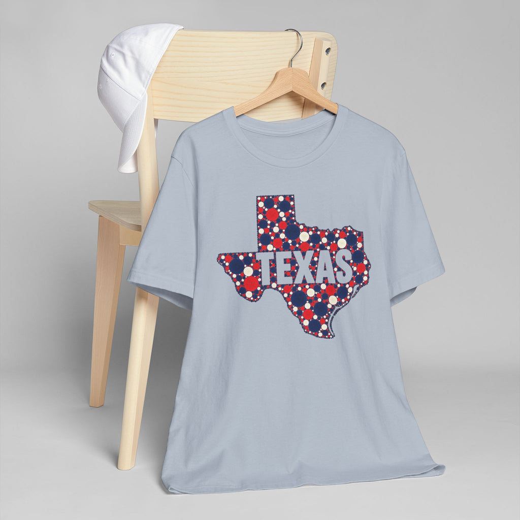 Light blue crew-neck t-shirt with red, white, and blue polka-dot Texas graphic