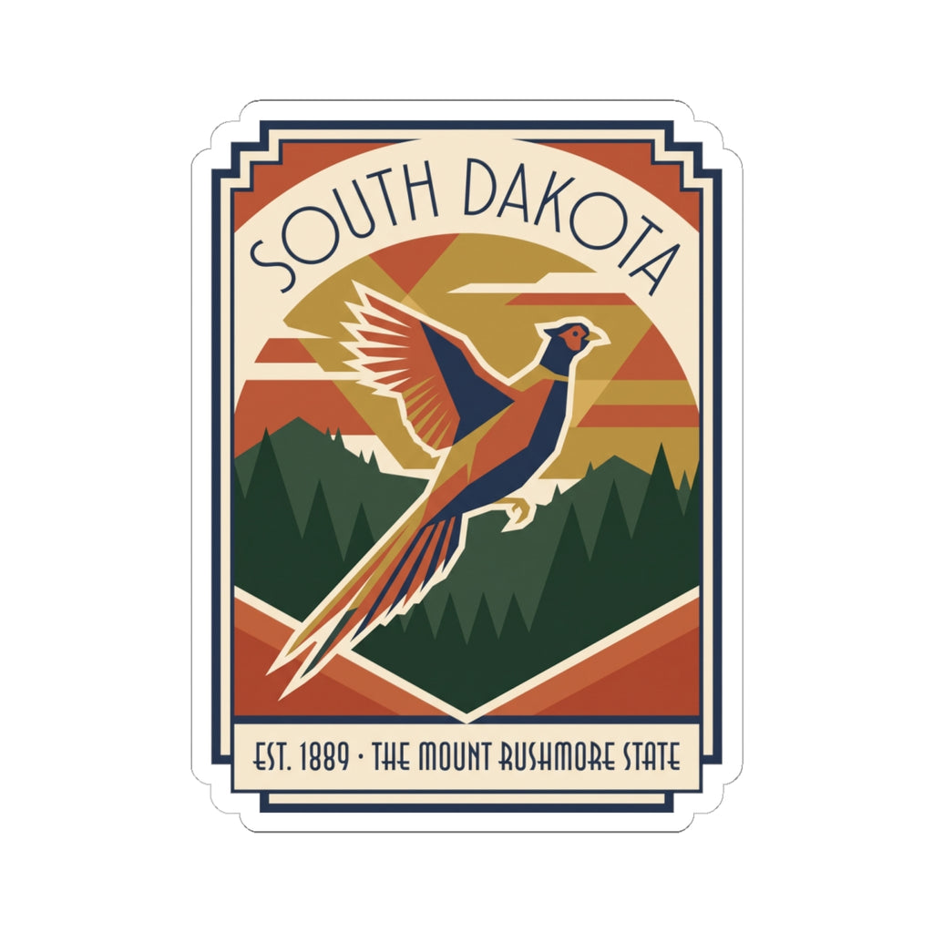 Die-cut vinyl sticker showing pheasant in flight over mountains with decorative striped border