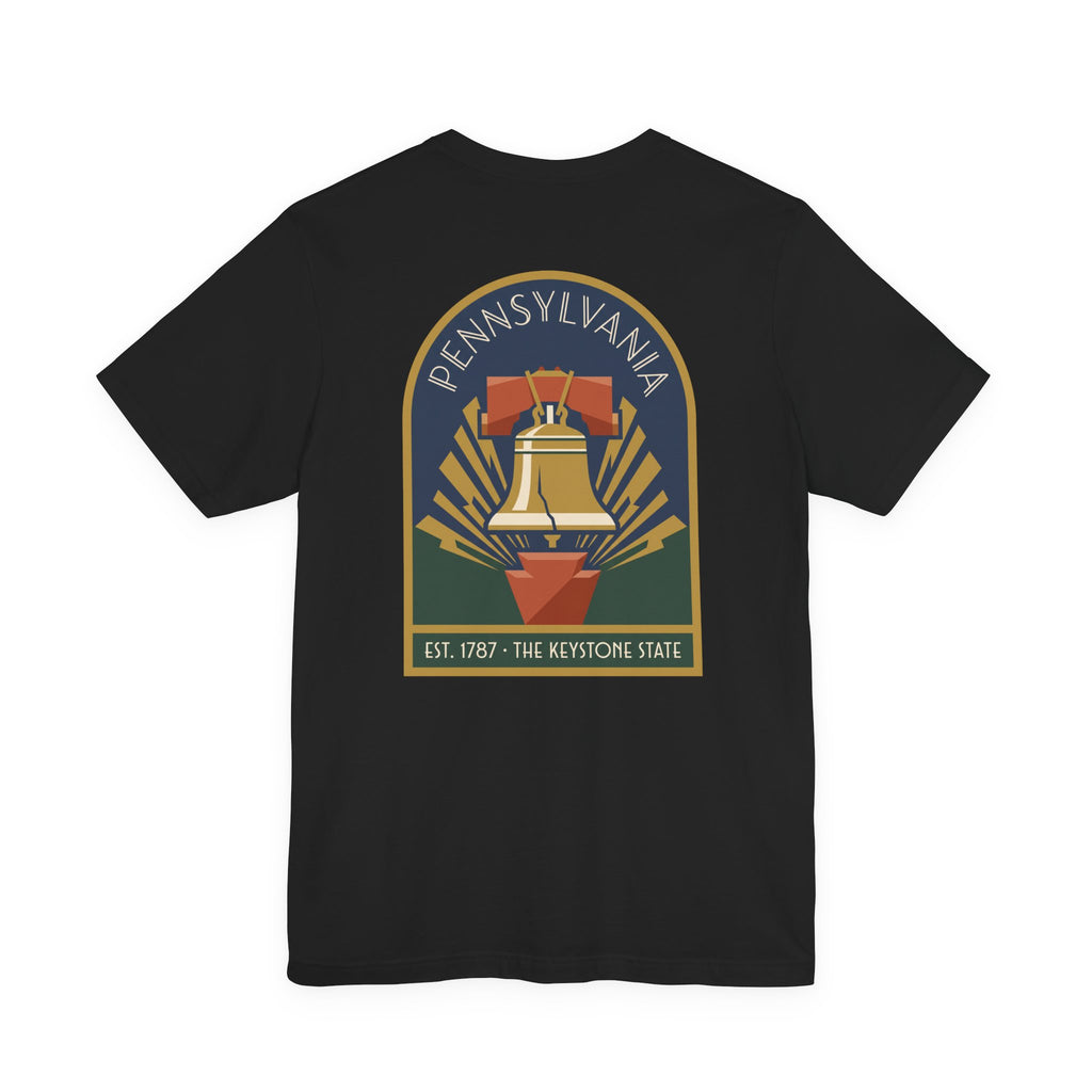 Black T-shirt with large Keystone State Liberty Bell graphic on back