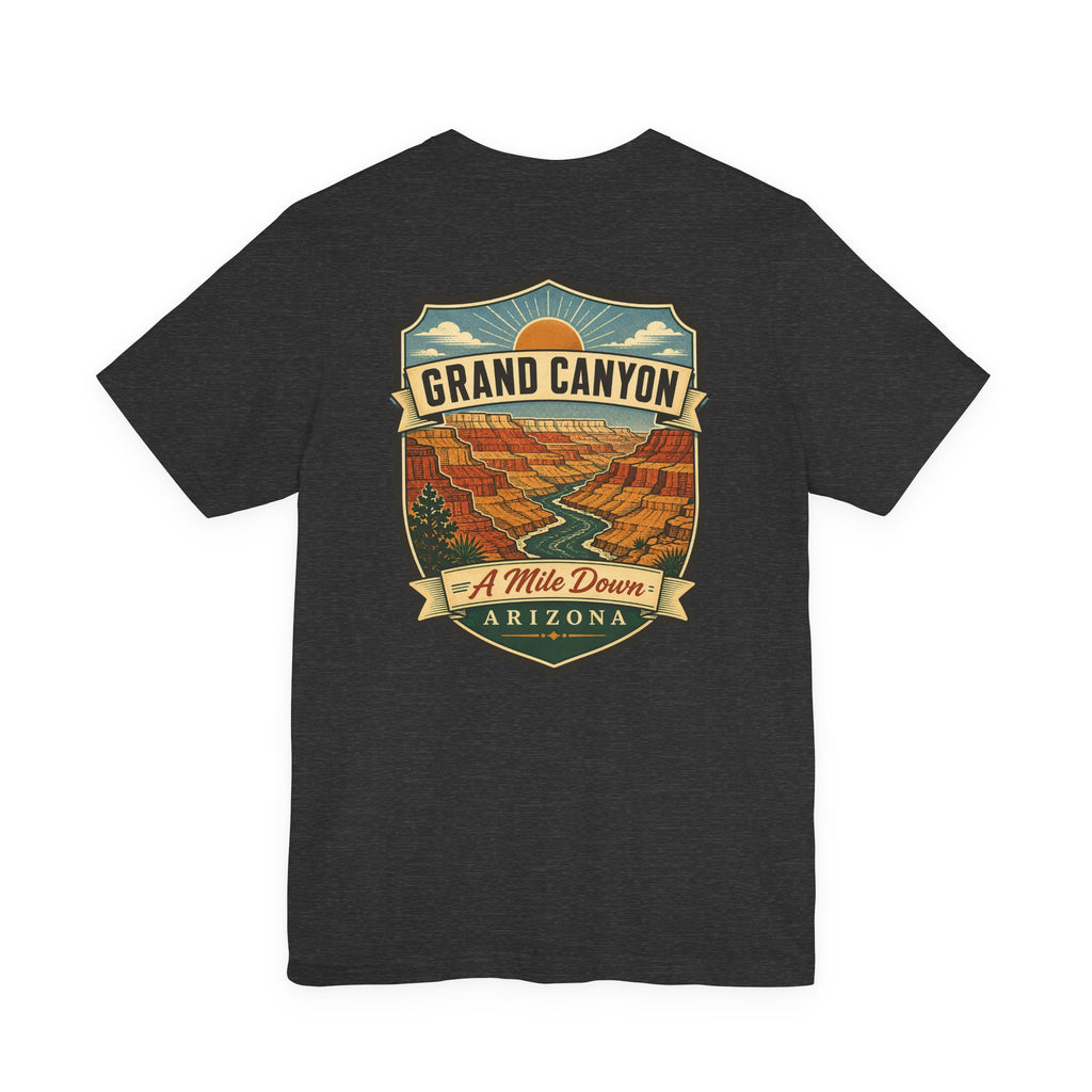 Black crew-neck t-shirt with large Grand Canyon scenic graphic and banner text.