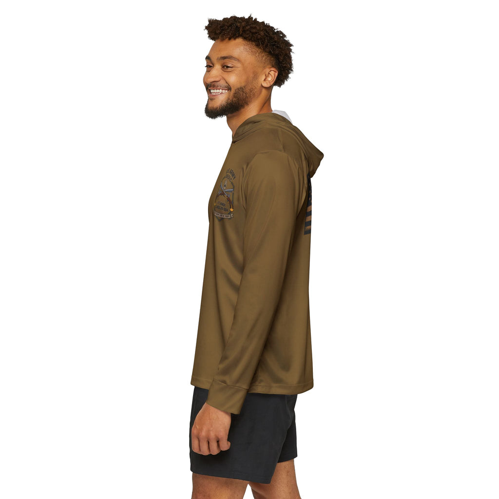 Olive-brown hoodie side view showing sleeve and small chest patch, hooded neckline