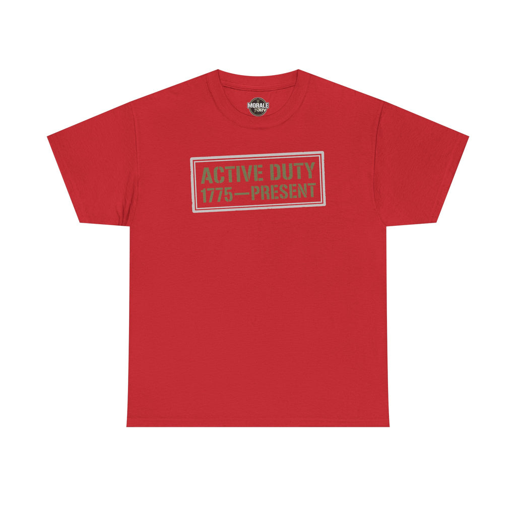 Red crewneck T-shirt with 'ACTIVE DUTY 1775–PRESENT' front print