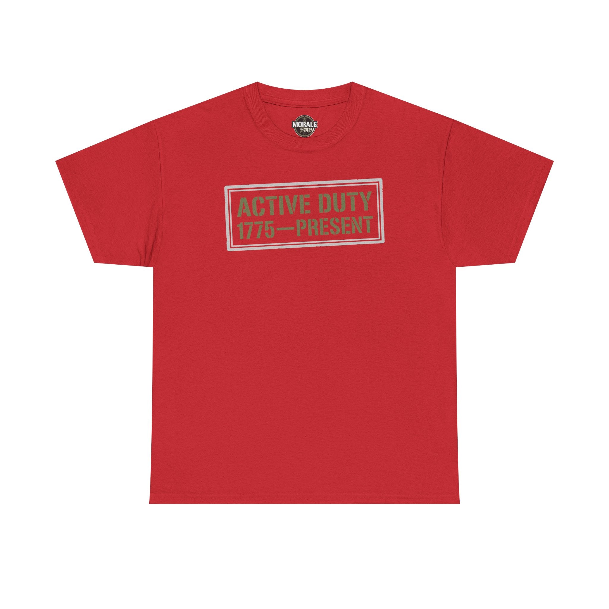 Red crewneck T-shirt with 'ACTIVE DUTY 1775–PRESENT' front print