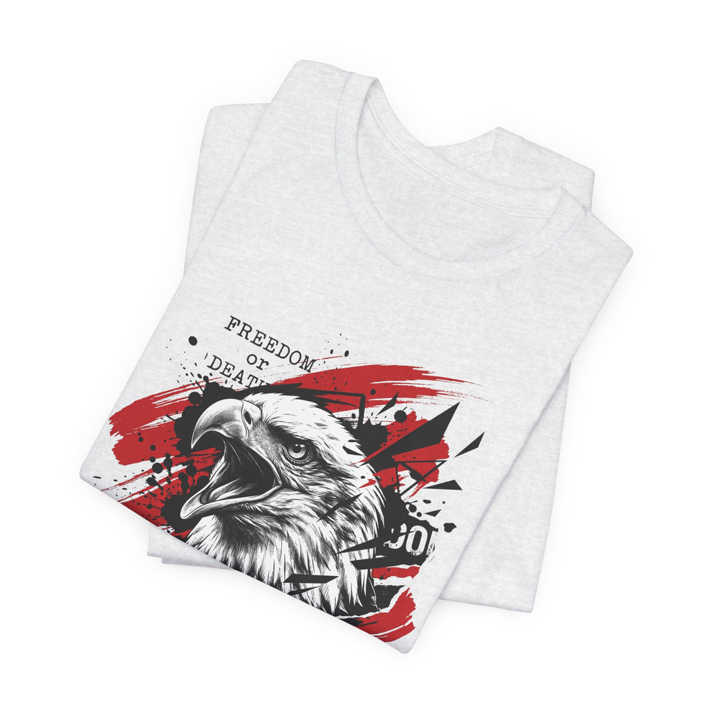 Light gray crewneck T-shirt with red splatter bald eagle graphic