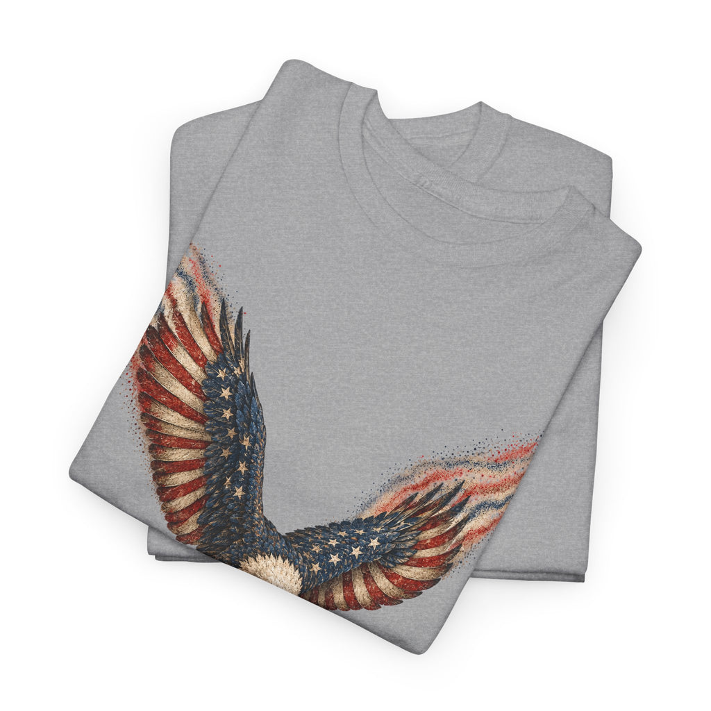 Gray crew-neck t-shirt with patriotic eagle wing graphic on the front