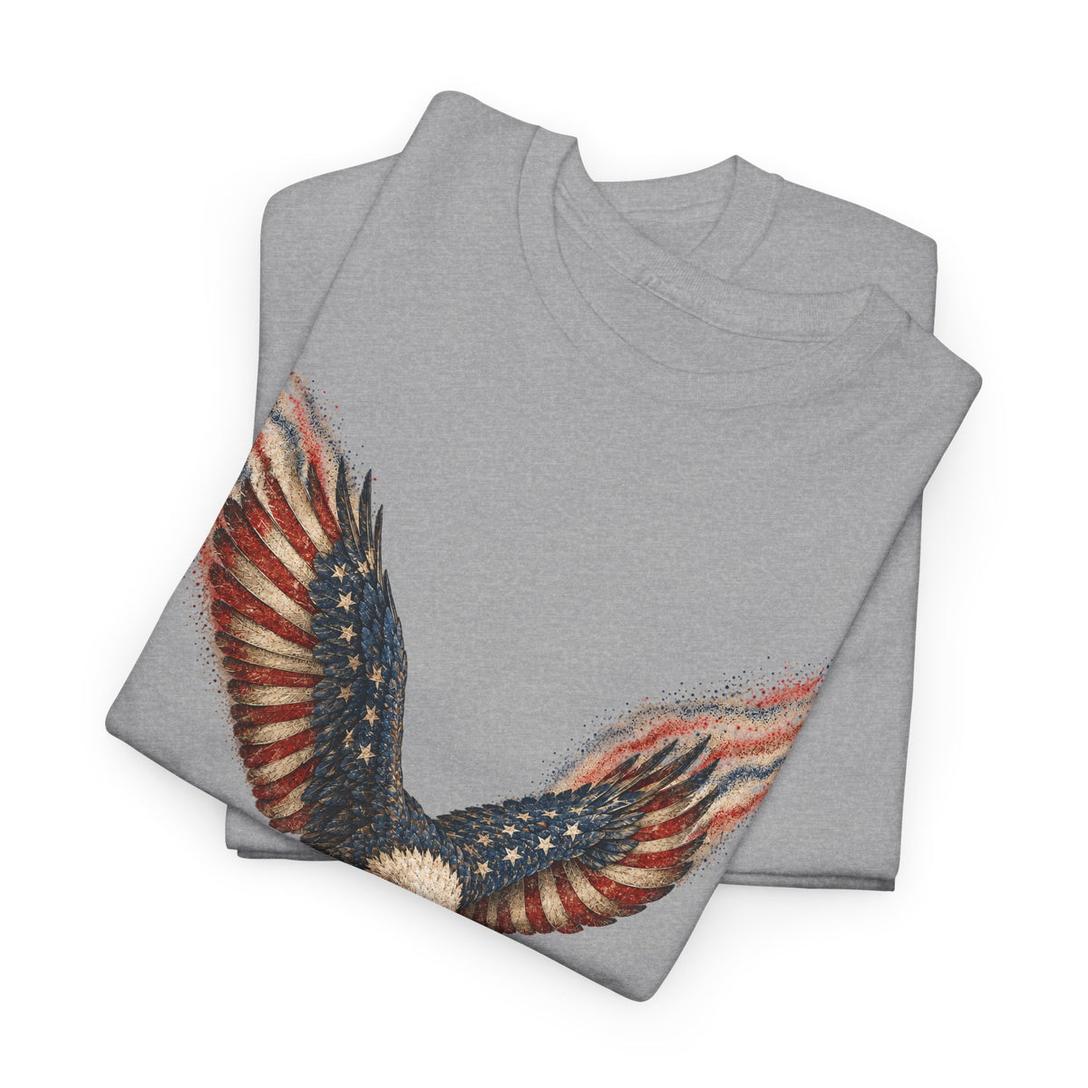 Gray crew-neck t-shirt with patriotic eagle wing graphic on the front
