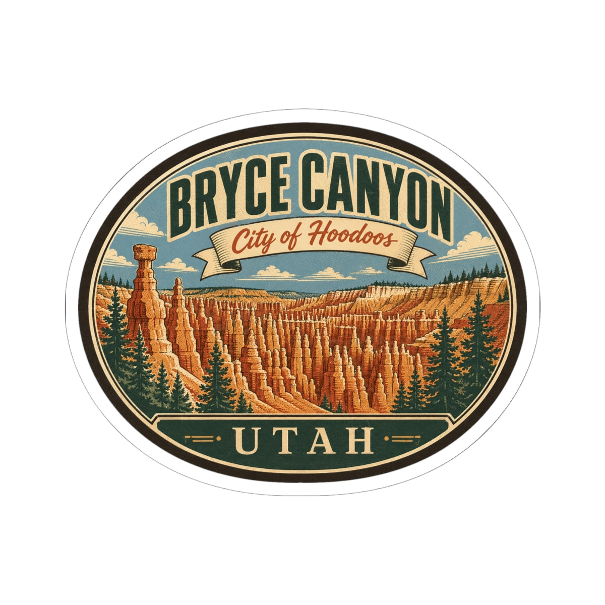 Round Bryce Canyon sticker featuring orange hoodoos, pine trees, and 'UTAH' lettering.