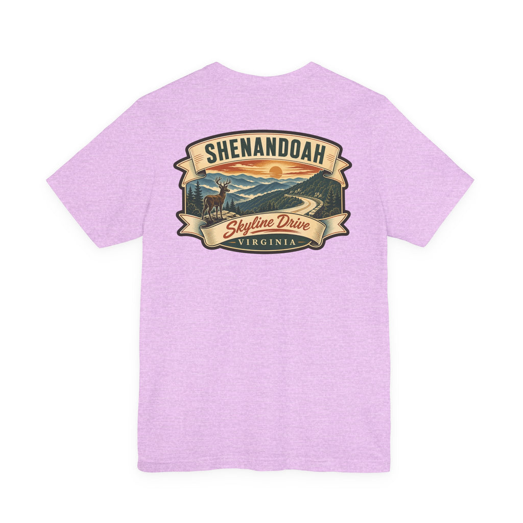 Lilac crew-neck T-shirt with Skyline Drive Virginia landscape graphic on the back.