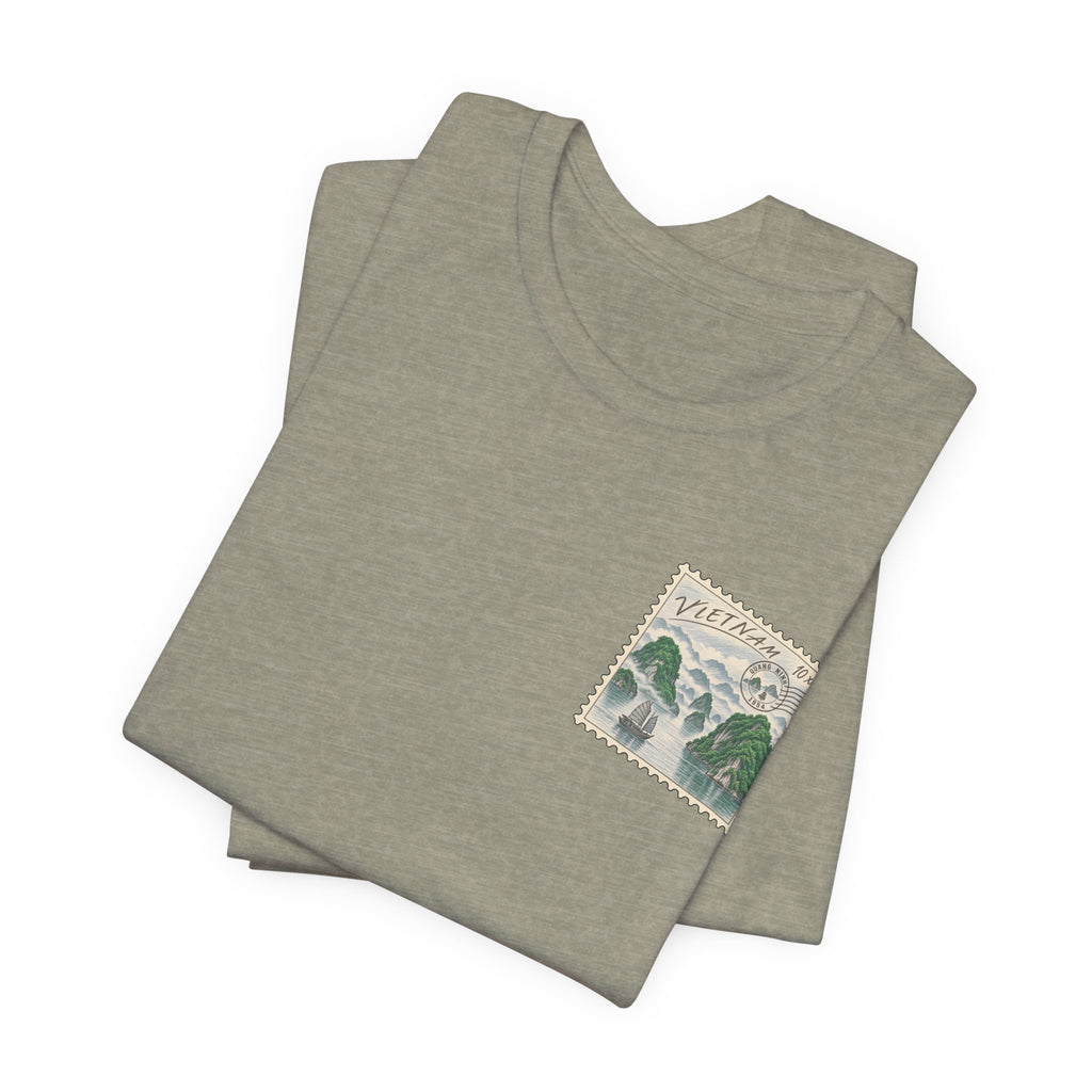 Light heather green-gray T-shirt set with small Vietnam postage stamp-style chest graphic