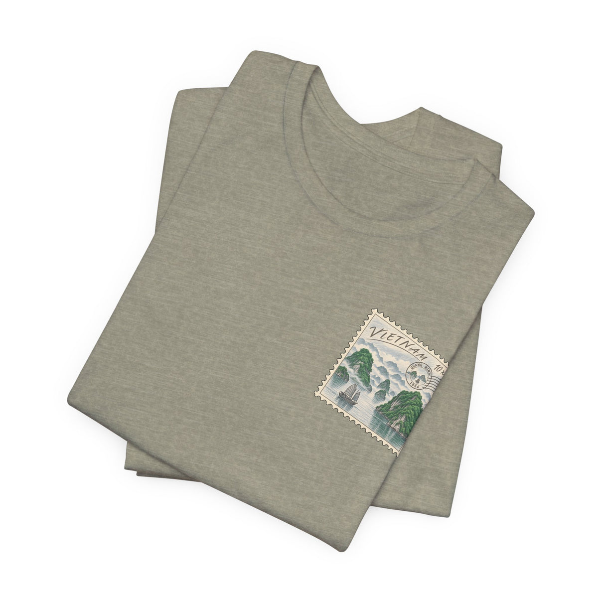 Light heather green-gray T-shirt set with small Vietnam postage stamp-style chest graphic