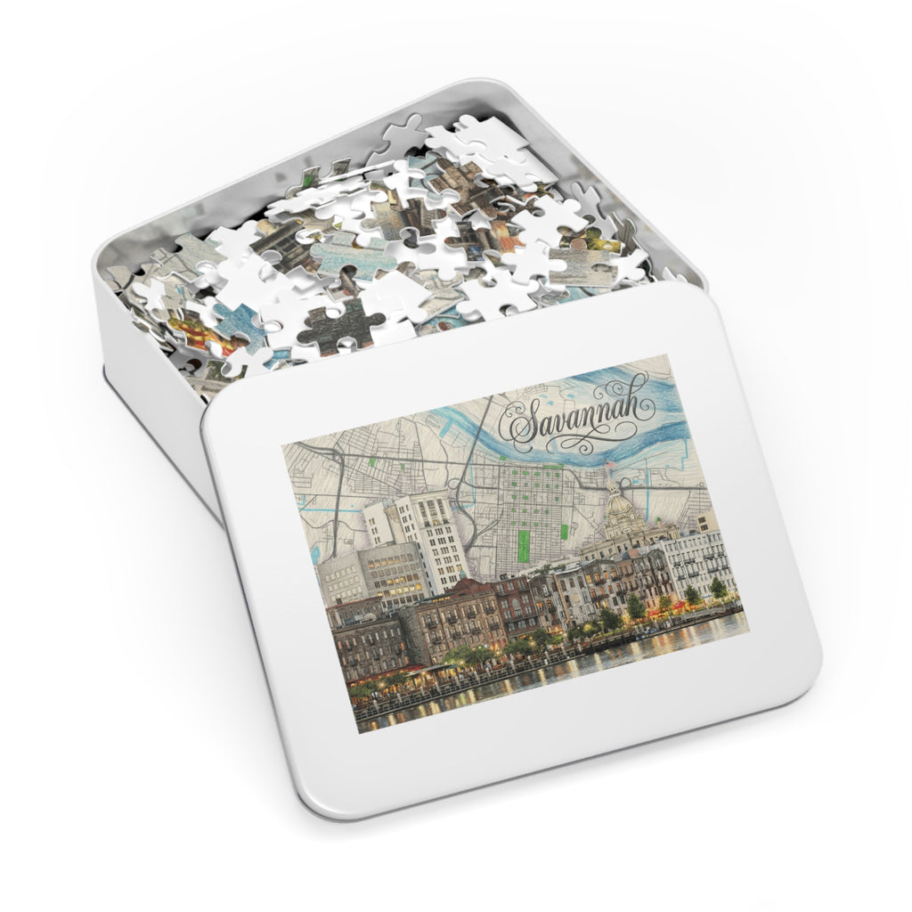 Jigsaw puzzle in a metal tin with Savannah waterfront city artwork and pieces