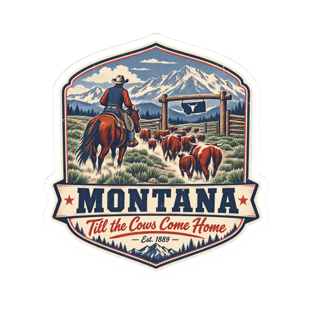 Montana cattle roundup sticker with cowboy on horse, ranch scene, white kiss-cut border