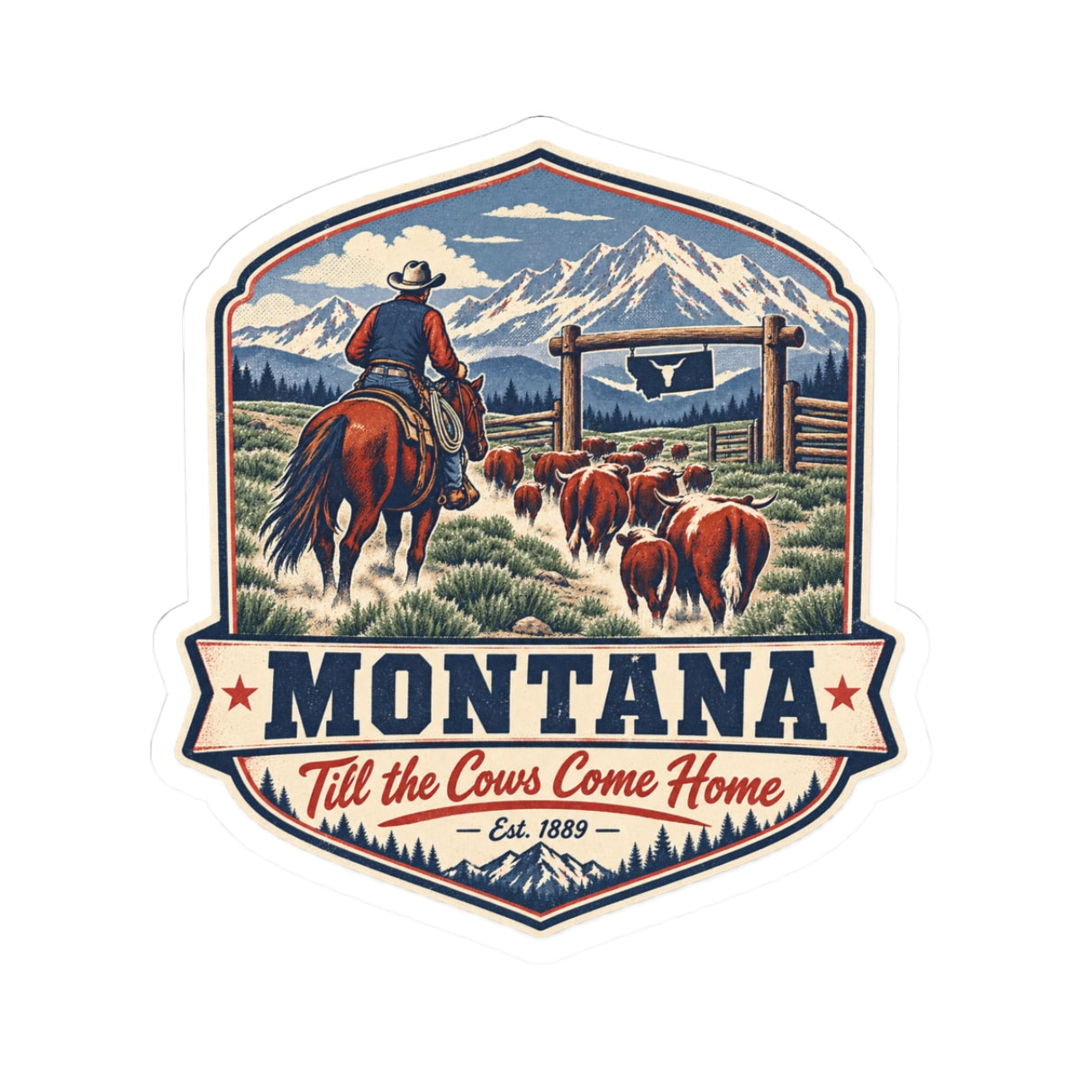 Montana cattle roundup sticker with cowboy on horse, ranch scene, white kiss-cut border