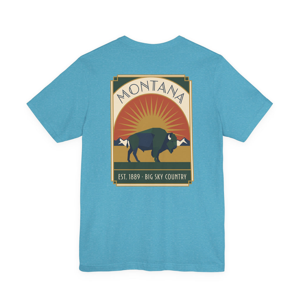 Blue t-shirt with rectangular Montana bison graphic print on the chest