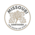 Circular hawthorn state flower vinyl sticker, transparent decal with floral tree and text
