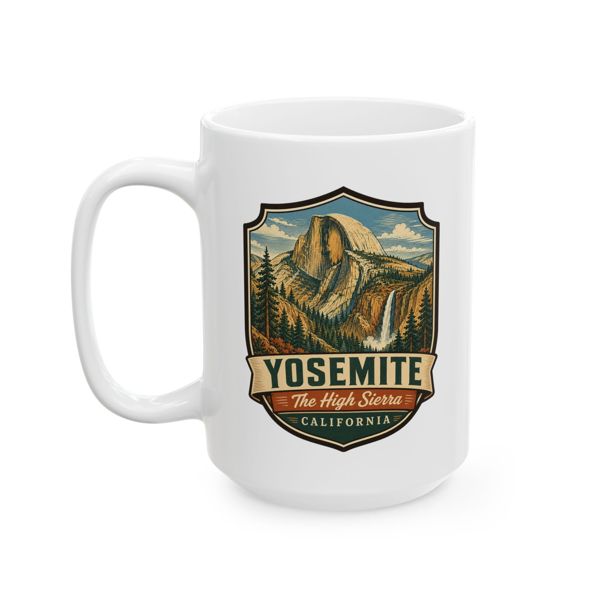 Ceramic mug with Yosemite badge logo and scenic waterfall mountain art