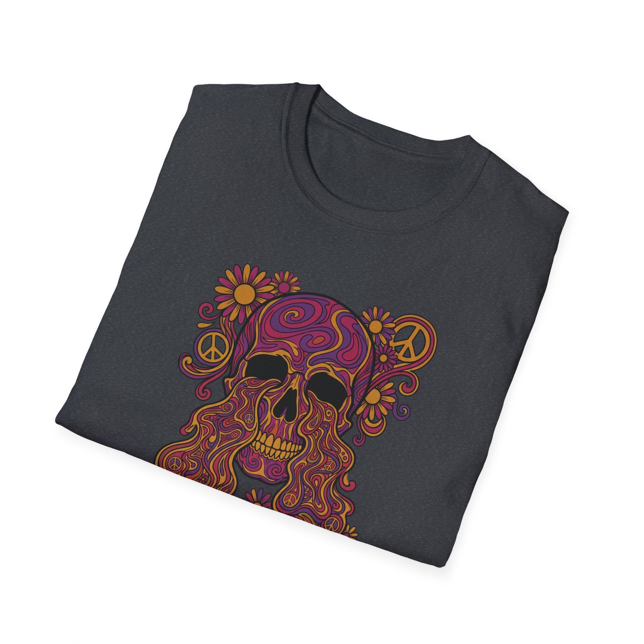 Dark heather T-shirt with psychedelic skull and peace symbols floral graphic