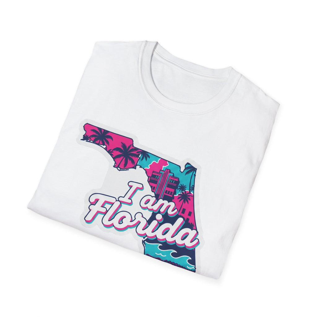 White I am Florida T-shirt with colorful state map, palms, and ocean 'I am Florida'