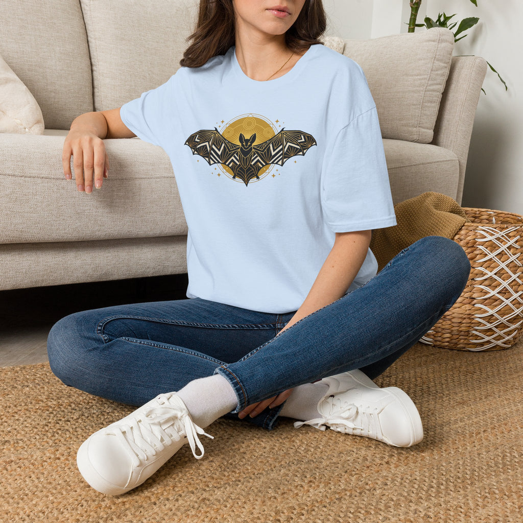 Light blue bat T-shirt with yellow moon and geometric bat graphic