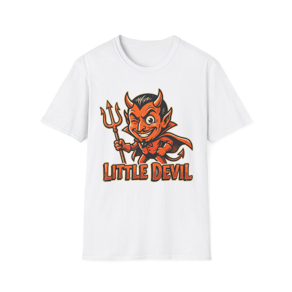 White crewneck T-shirt with Little Devil orange devil character front graphic