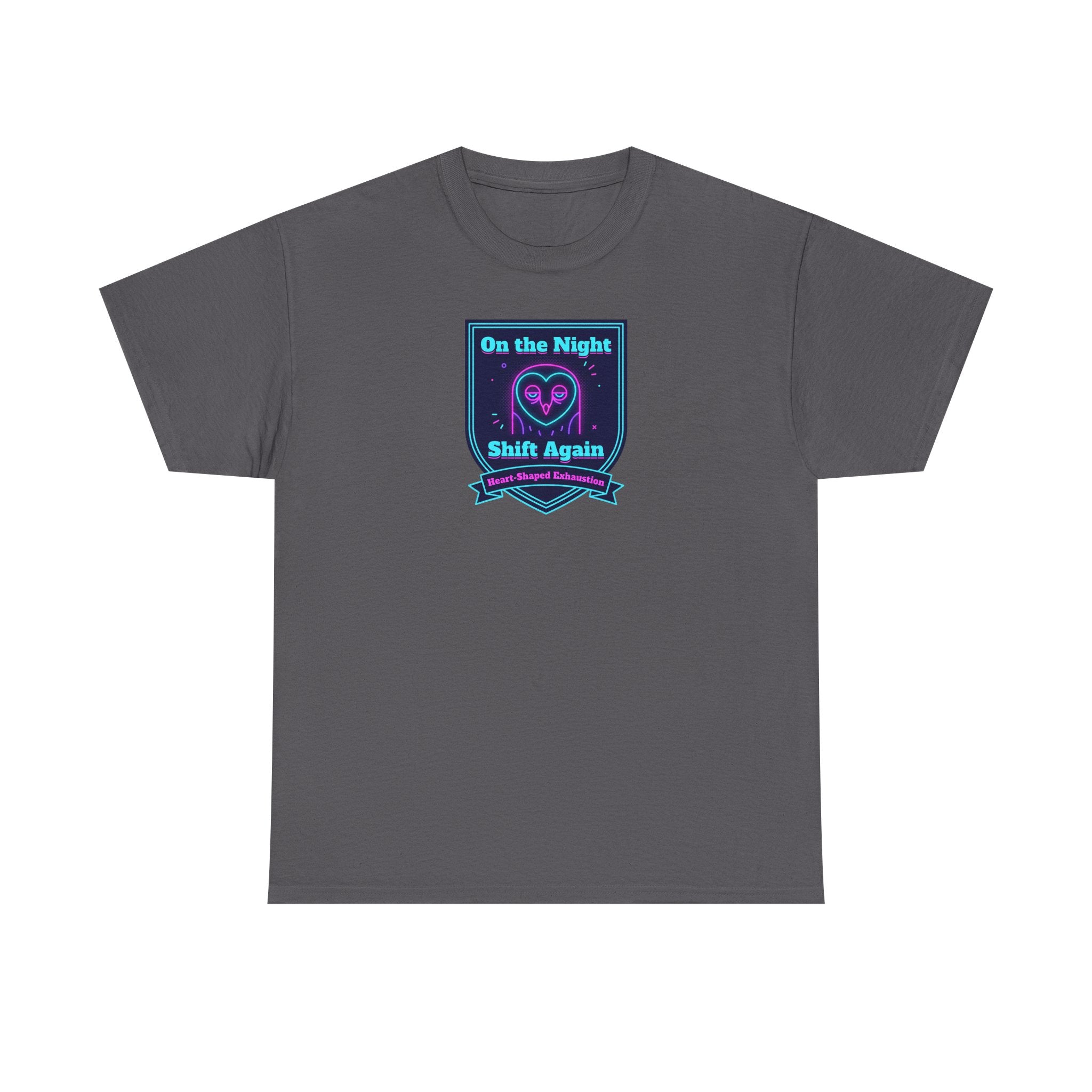 Charcoal crew-neck T-shirt with night shift slogan graphic on chest