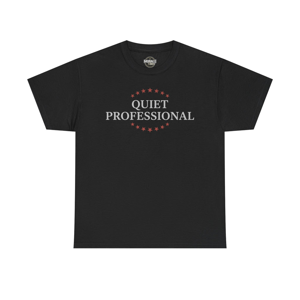 Black minimalist graphic T-shirt with front wreath logo and 'Quiet Professional' text