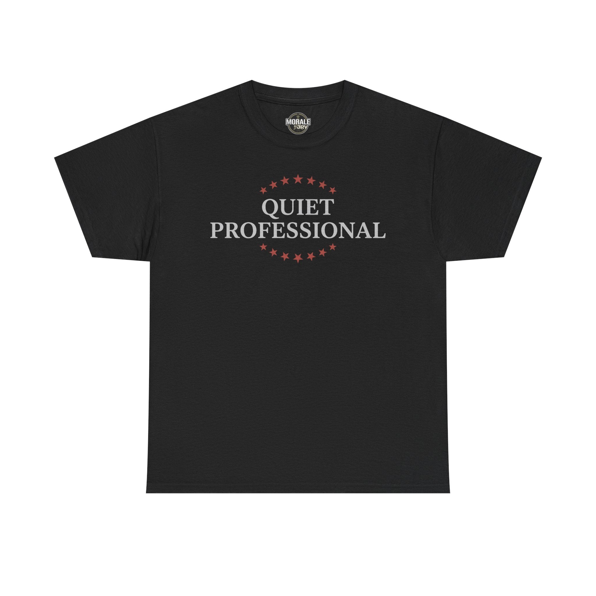 Black minimalist graphic T-shirt with front wreath logo and 'Quiet Professional' text