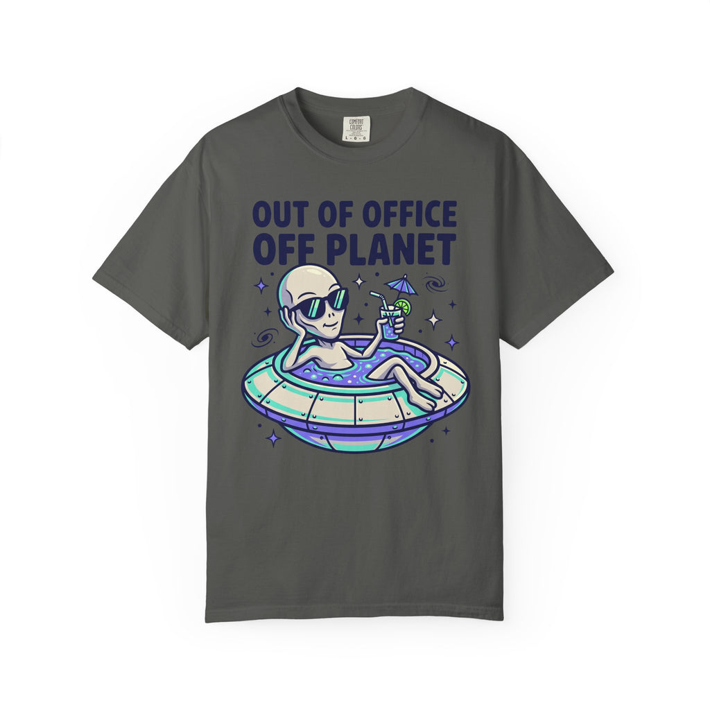 Dark gray alien floatie T-shirt with “OUT OF OFFICE OFF PLANET” graphic on front