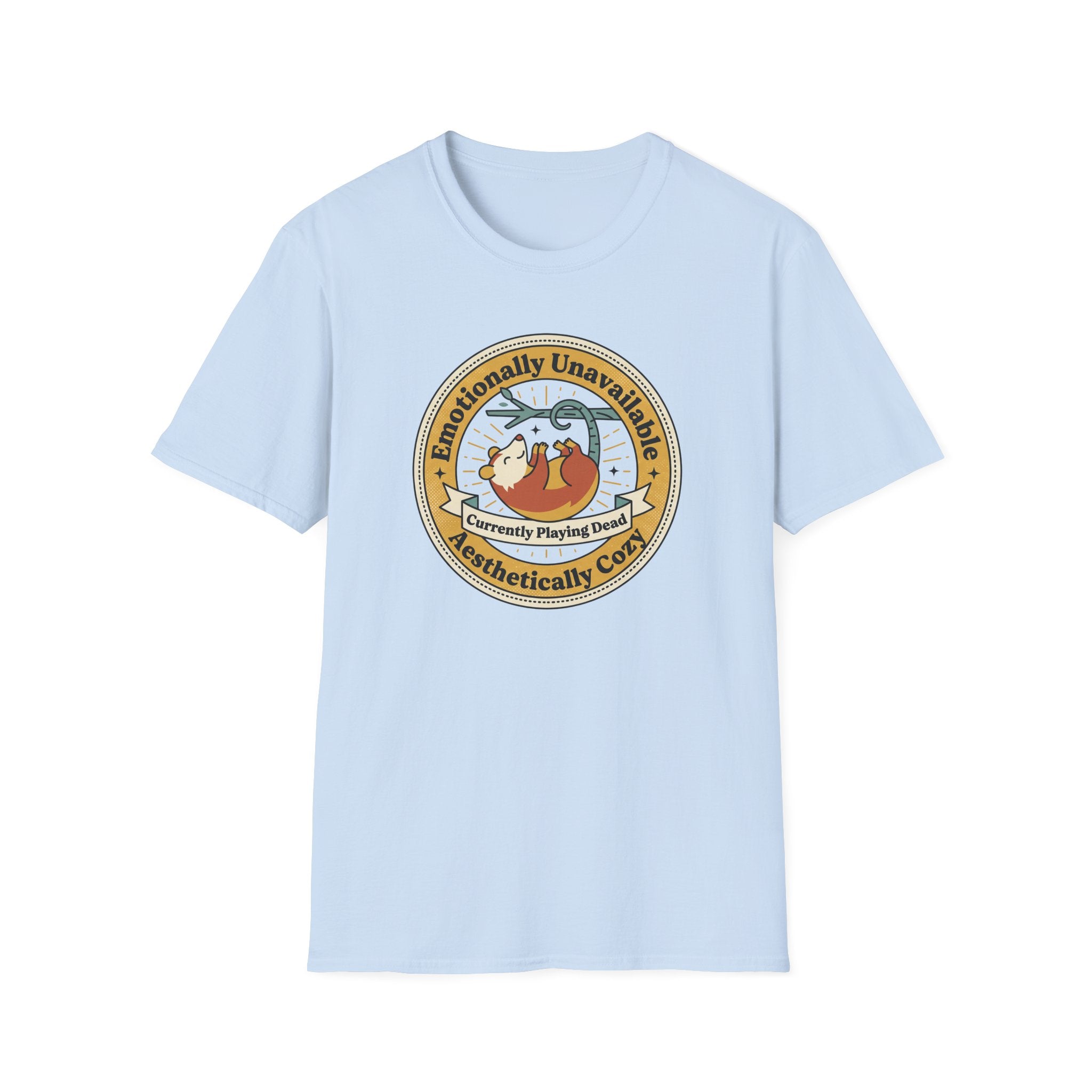 Unisex light blue sloth graphic T-shirt, crew neck, short sleeves, front logo badge