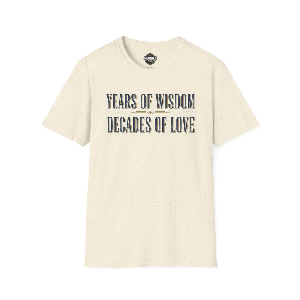 Natural/cream T-shirt with "YEARS OF WISDOM" and "DECADES OF LOVE" front print