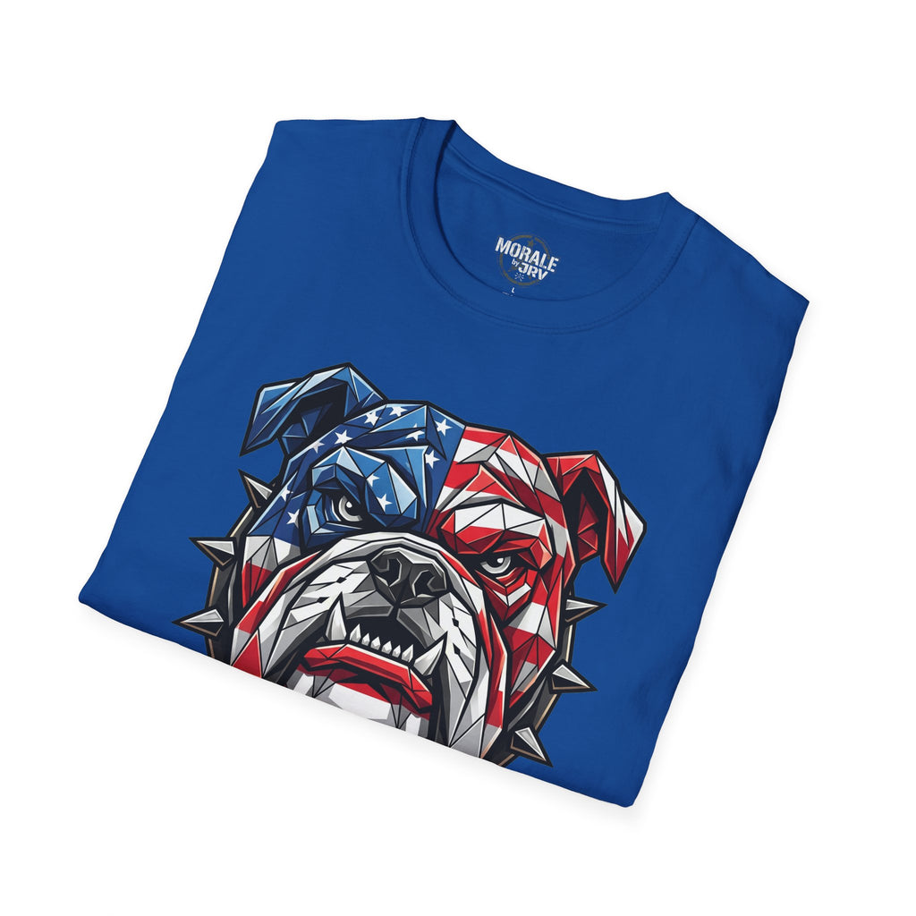 Royal blue T-shirt featuring bulldog head patriotic flag graphic