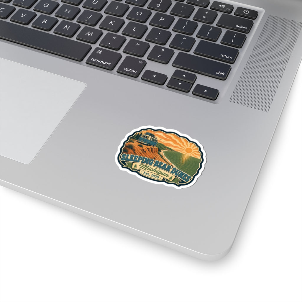 Round multicolor sticker with Sleeping Bear Dunes emblem, mountain, lake, and text border