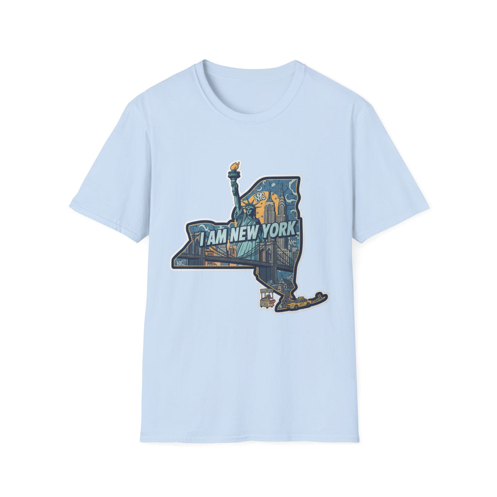 Light blue T-shirt with NYC skyline and “I Am New York” graphic print on chest